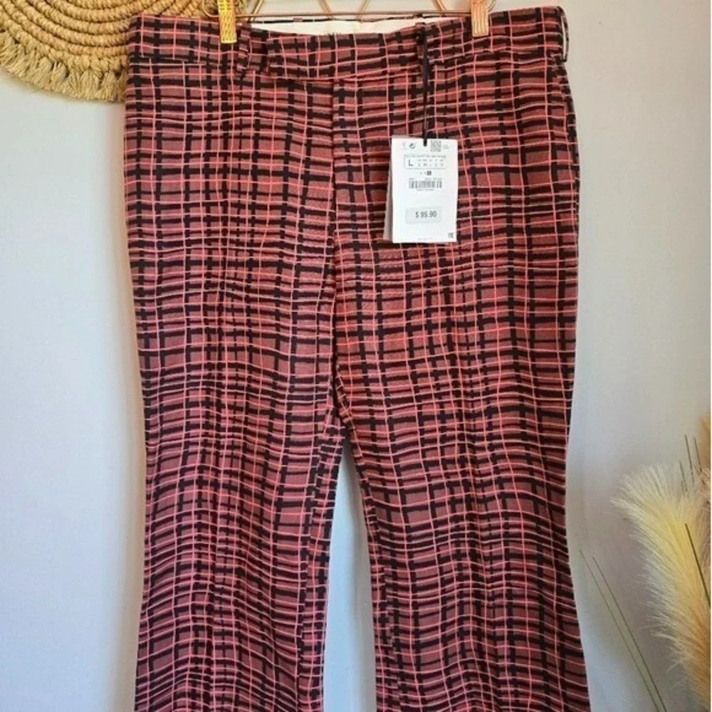 ZARA NEW Studio Pink Plaid Check Ultra Flare Bell Bottom Pants SZ Large Y2K Punk